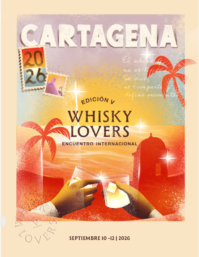 Postal ilustrada de Cartagena con palmeras al atardecer y dos manos brindando con whisky